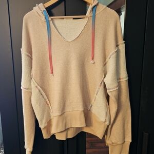 Hem & Thread Distressed Hoodie Beige Rainbow Gradient Drawstring Size L Boho